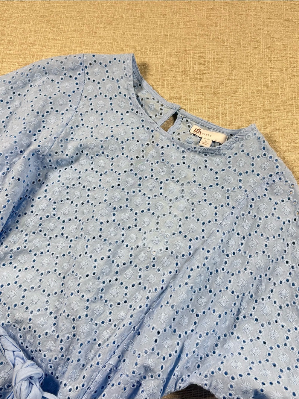 GB Girls Dress Cotton Shift Crew Neck Belted Eyelets Light  Blue SZ L (NWT)